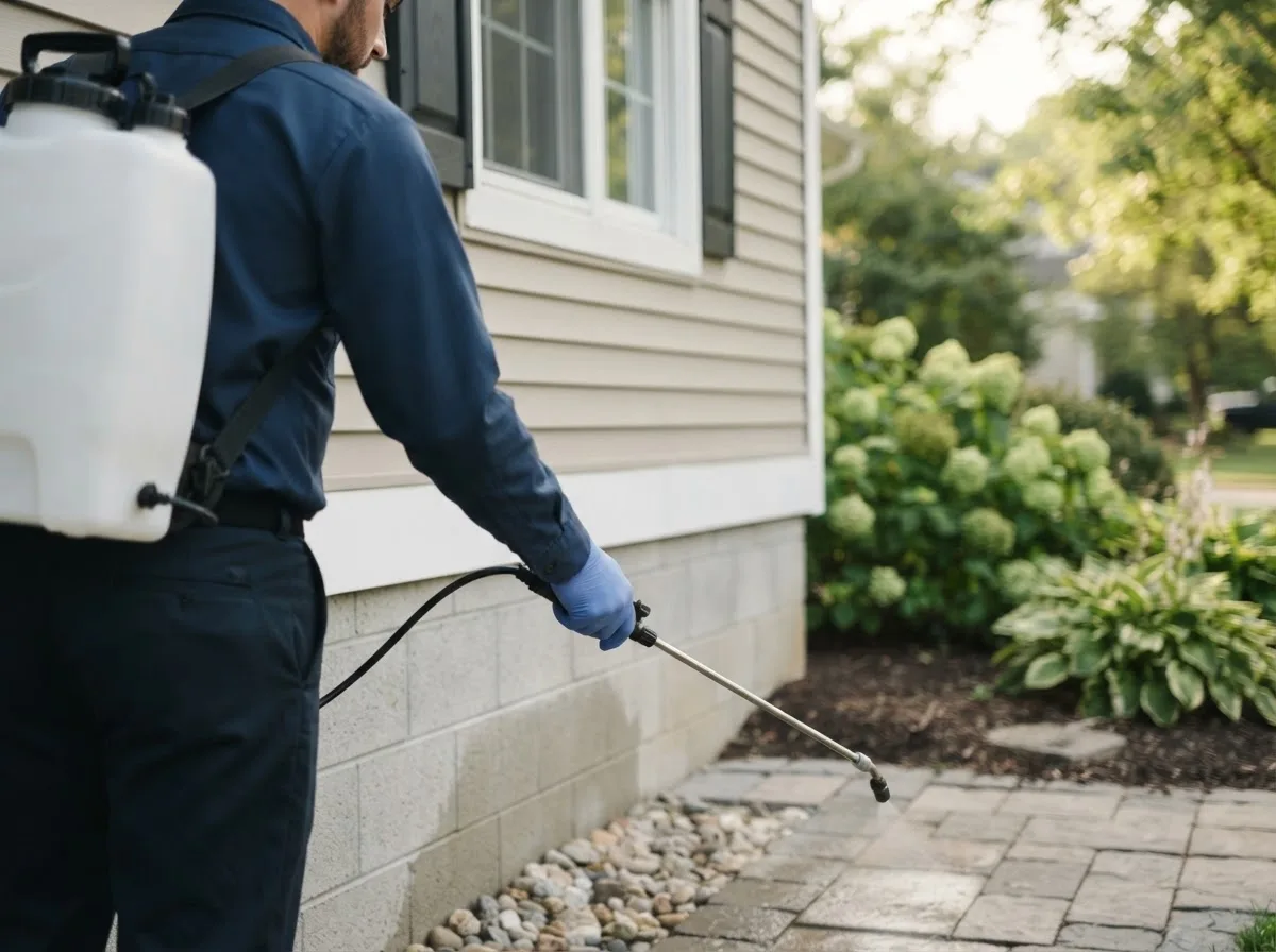 Pest control technician inspecting a home in Pontiac, MI